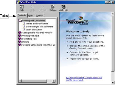 Screenshot of WordPad Help window showing tabs