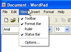 Screenshot of the View Menu of the WordPad Document Window identifying check marks. 