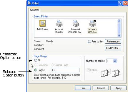 WordPad's Print dialog box with parts identified.