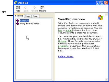 WordPad Help window showing tabs.