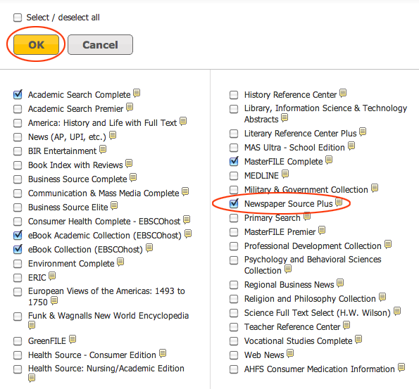 choosing databases screen
