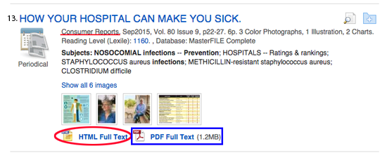 screenshot of Ebsco result list
