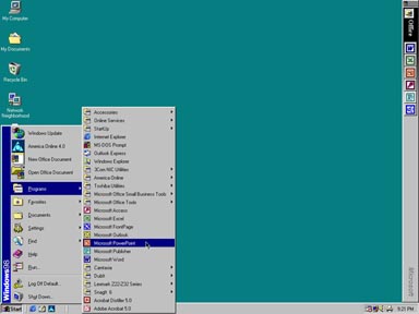 start menu window with PowerPoint program highlighted