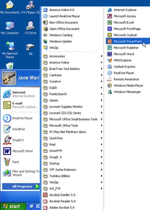 start menu window  with PowerPoint program highlighted