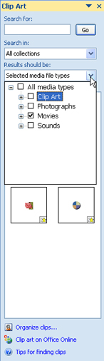 Clip art task pane with movie selected