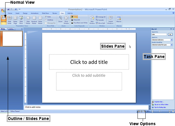 PowerPoint view with panes identified
