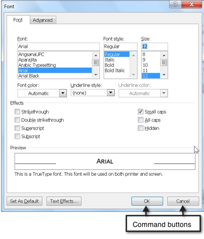 Command buttons in Microsoft Word's Font Dialog box