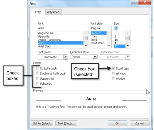 Check boxes in Microsoft Word's Font dialog box