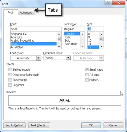 Microsoft Word's font dialog box