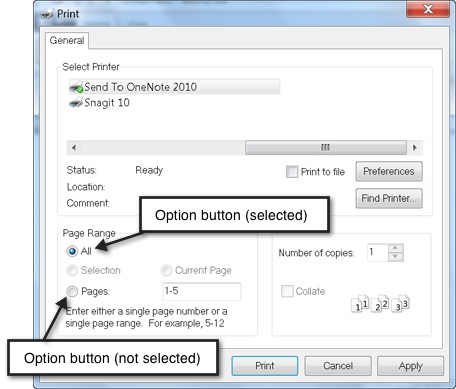 WordPad's Print dialog box with parts identified.