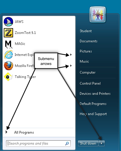 Windows 7 Start menu with parts identified